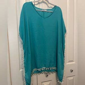 Teal Pom pom cover up. Size OS